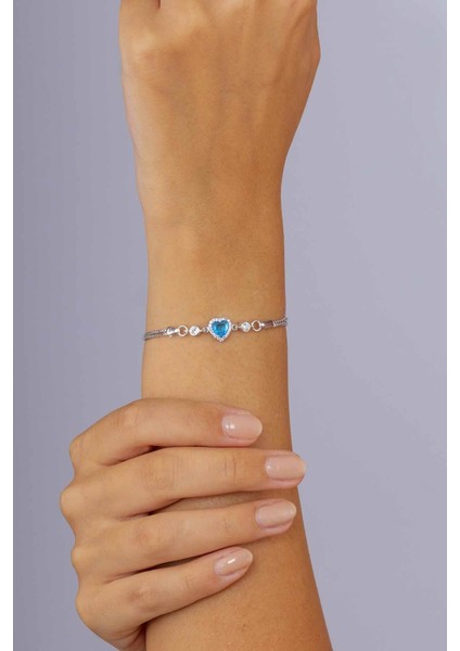 Aqua Taşlı Kalp Gümüş Su Yolu Bileklik fiyatları