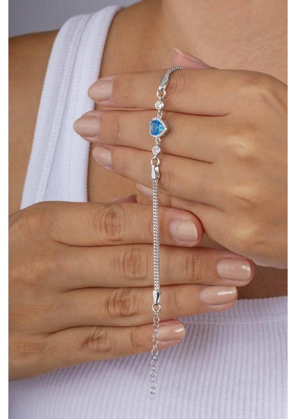 Aqua Taşlı Kalp Gümüş Su Yolu Bileklik modelleri