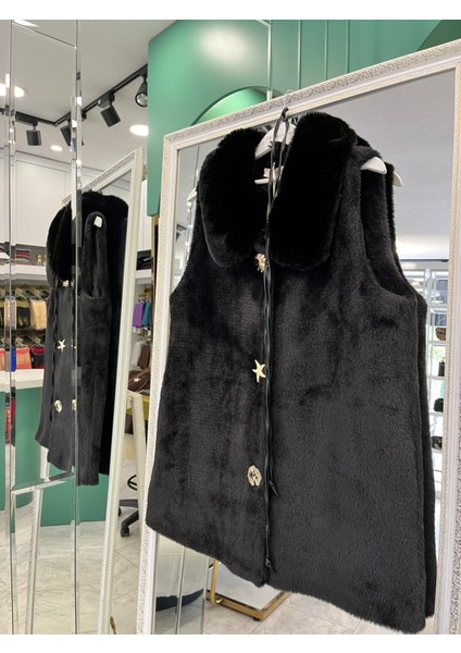 Vatkatex Kürklü Angora Yelek - Siyah - 2