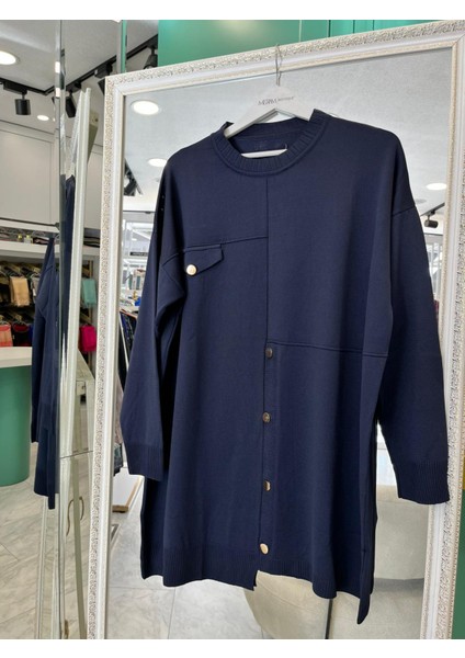 Adn Ince Triko Tunik Düğme Detaylı - Lacivert - 1