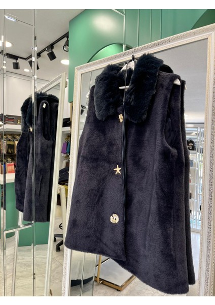 Vatkatex Kürklü Angora Yelek - Lacivert - 2