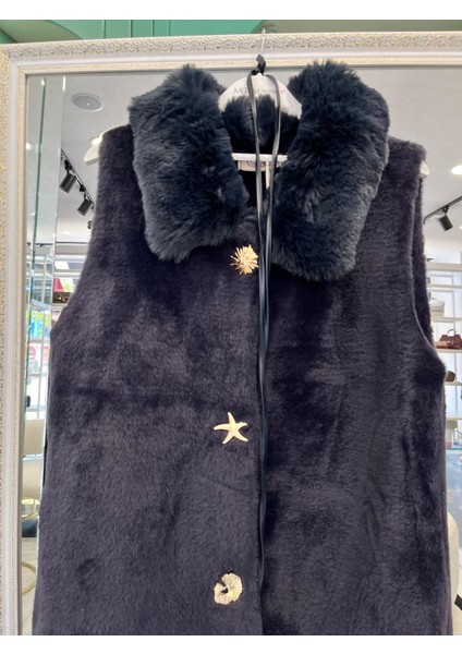 Vatkatex Kürklü Angora Yelek - Lacivert - 2 modelleri
