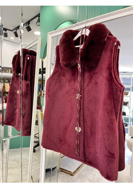 Vatkatex Kürklü Angora Yelek - Bordo - 2