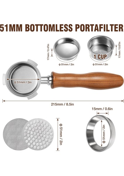 51 mm Dipsiz Portafiltre, Filtre Sepeti, Ekran ve Espresso Dozaj Hunisi ile Profesyonel Espresso Portafiltresi (Yurt Dışından) fırsatları
