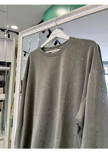 Adn Minik Taşlı Sweat Örme Cupra - Haki - 3 modelleri