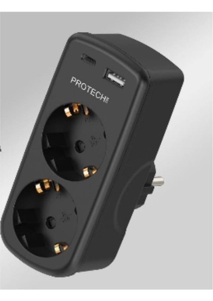 2 Priz 1 USB 1 Type-C Girişli Duvar Tipi Akım Koruma ve Güvenlik Kapaklı Priz