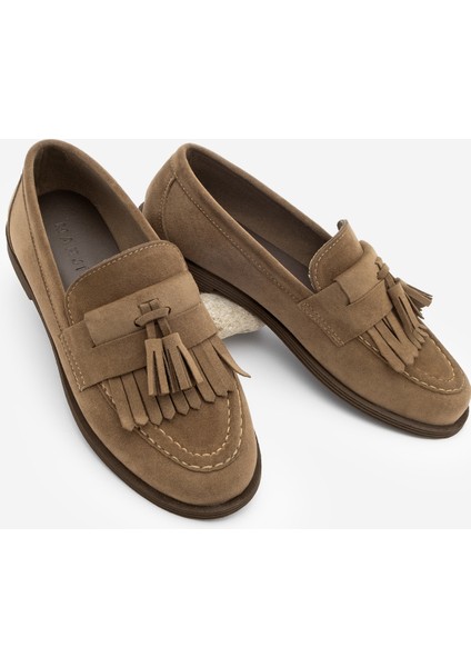 Kadın Loafer Püsküllü Günlük Ayakkabı Petlin Taba Süet