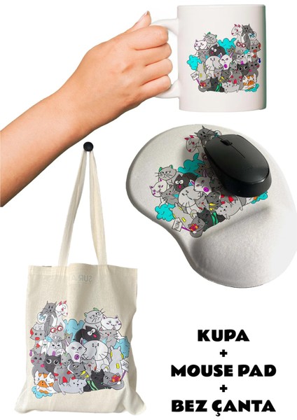 Kitten Baskılı Bilek Destekli Mousepad + Kupa Bardak Mug + Ham Bez Çanta
