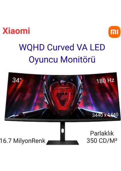 G34WQI 34" 1 Ms Wqhd Curved 180 Hz Oyuncu Monitörü+Dısplayport Kablo Hediye