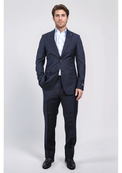 Slim Fit Mono Yaka Çizgili Lacivert Yünlü Takım Elbise