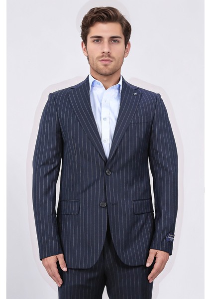 Slim Fit Mono Yaka Çizgili Lacivert Yünlü Takım Elbise fiyatları