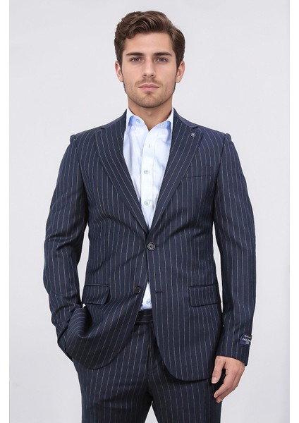 Slim Fit Mono Yaka Çizgili Lacivert Yünlü Takım Elbise indirimleri