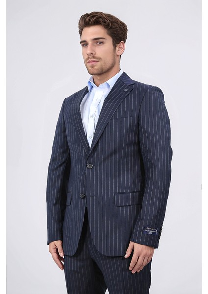 Slim Fit Mono Yaka Çizgili Lacivert Yünlü Takım Elbise