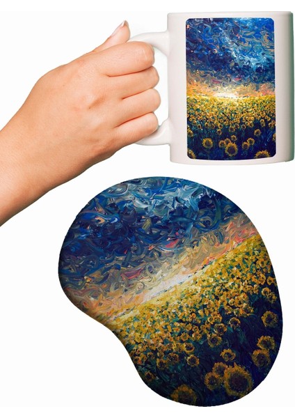 Ayçiçeği Tarlası Yağlı Boya Mouse Pad + Kupa Bardak Mug