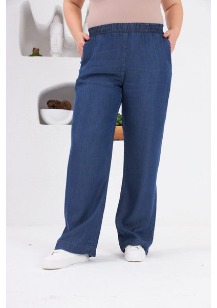 Bol Paça Büyük Beden Beli Lastikli Mavi Pantolon