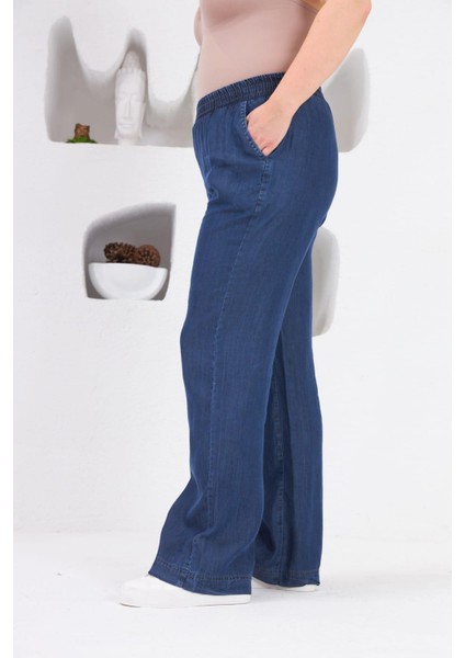 Bol Paça Büyük Beden Beli Lastikli Mavi Pantolon fiyatları