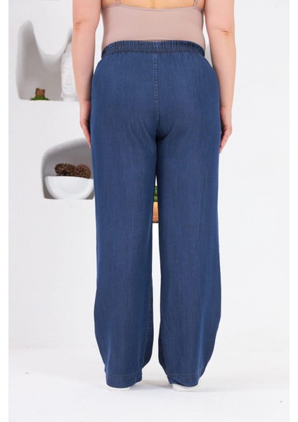 Bol Paça Büyük Beden Beli Lastikli Mavi Pantolon modelleri