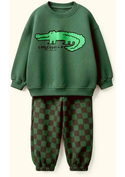 Erkek Çocuk Timsah Baskılı 3 Iplik Pamuklu Kumaş Alt Üst Takım