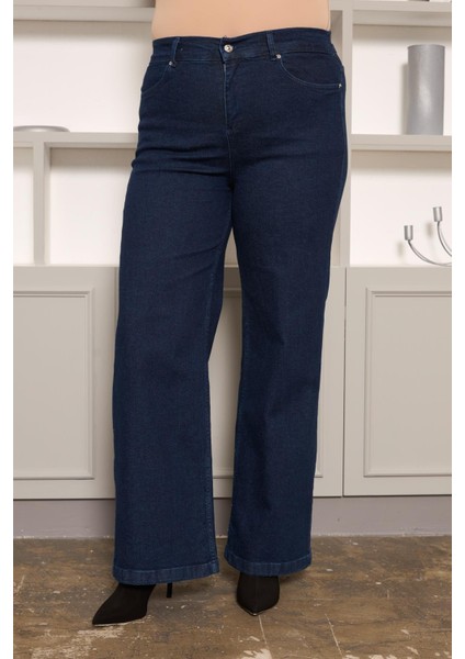 Beli Lastikli Bol Paça Büyük Beden Kot Pantolon Koyu Lacivert