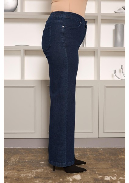 Beli Lastikli Bol Paça Büyük Beden Kot Pantolon Koyu Lacivert fiyatları