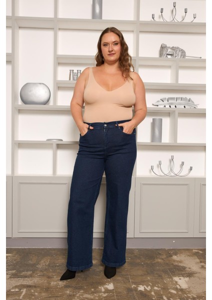 Beli Lastikli Bol Paça Büyük Beden Kot Pantolon Koyu Lacivert modelleri