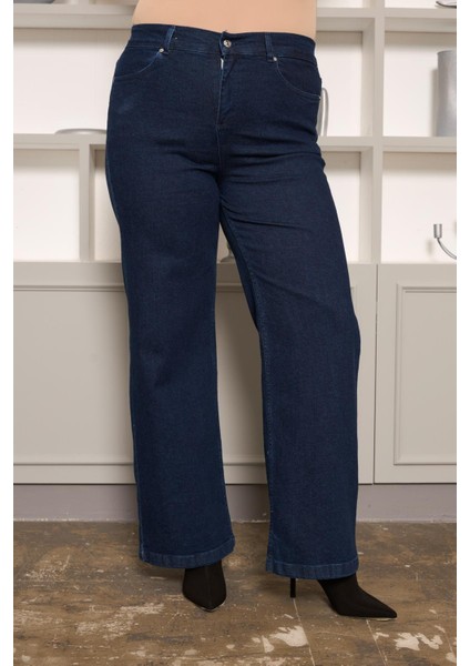 Beli Lastikli Bol Paça Büyük Beden Kot Pantolon Koyu Lacivert fırsatları