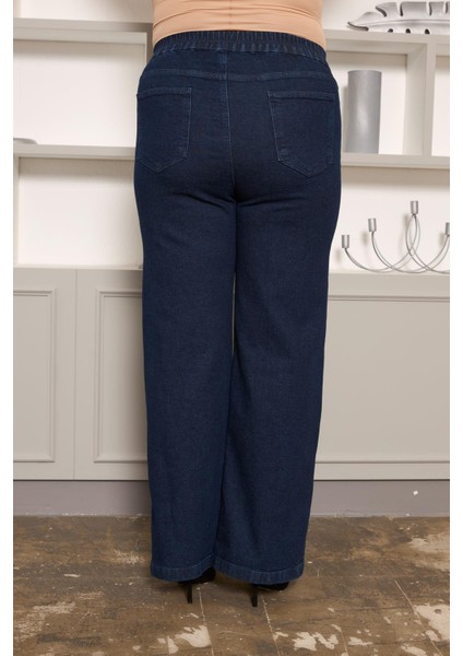 Beli Lastikli Bol Paça Büyük Beden Kot Pantolon Koyu Lacivert indirimleri