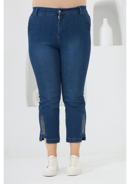 Büyük Beden Taş Detay Denim Kapri Lacivert