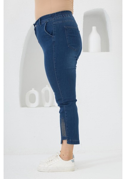 Büyük Beden Taş Detay Denim Kapri Lacivert fiyatları