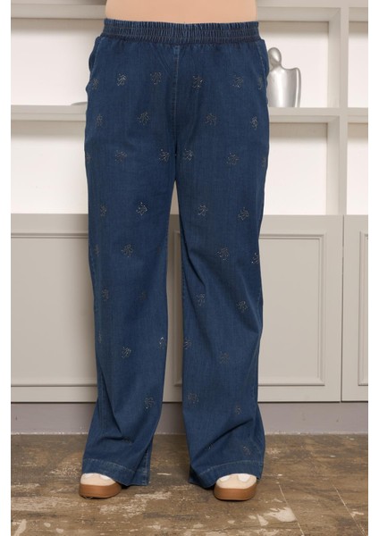 Taş Detaylı Büyük Beden Geniş Paça Pantolon Lacivert