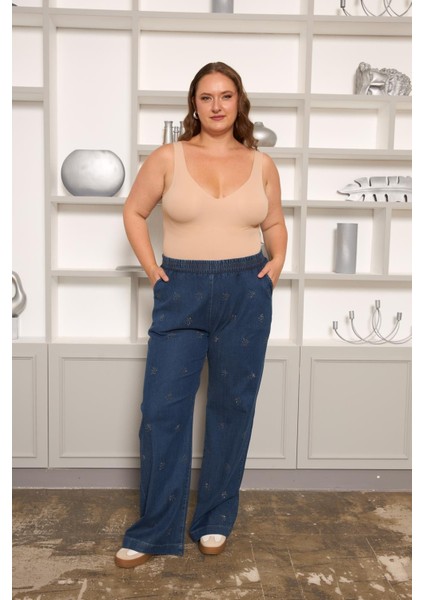 Taş Detaylı Büyük Beden Geniş Paça Pantolon Lacivert fırsatları