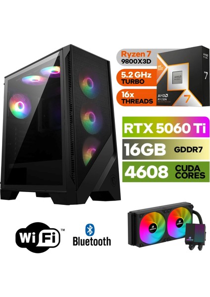 Şafak-Gaming Pc Ddr5-Rtx 5060Tİ 16GB -Ryzen 7 9800XD – 64 GB Ddr5 Ram – 1 Tb M.2 SSD 5000 4000 – 240MM Sıvı Sogutma -Windows 11 Pro-