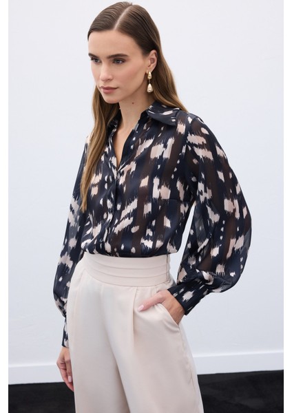 Geniş Manşetli Desenli Gömlek - Siyah modelleri