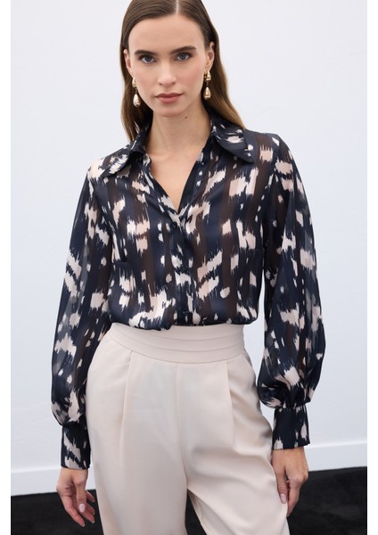 Geniş Manşetli Desenli Gömlek - Siyah indirimleri