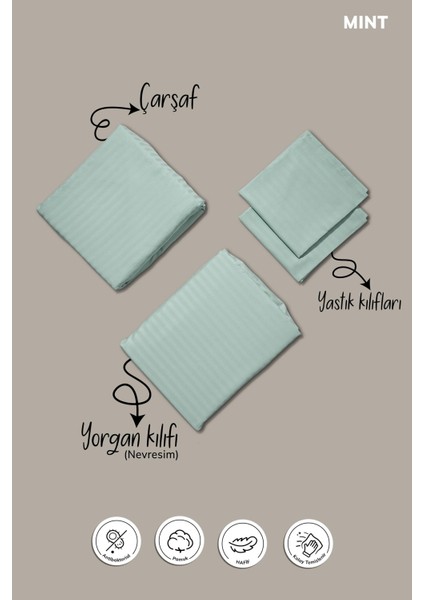 Pamuk Saten Çift Kişilik Nevresim Takımı Lastikli Çarşaflı Rahat Kullanım Mint Renk Yumuşak 200X220 fırsatları