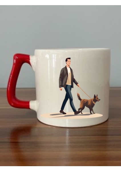 Köpek Gezdiren Adam Görselli Kırmızı Kulplu Kupa Bardak - Seramik Çay, Kahve Hediyelik Bardağı