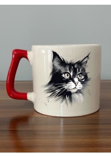 Siyah Kedi Görselli Kırmızı Kulplu Kupa Bardak - Seramik Çay, Kahve Hediyelik Bardağı