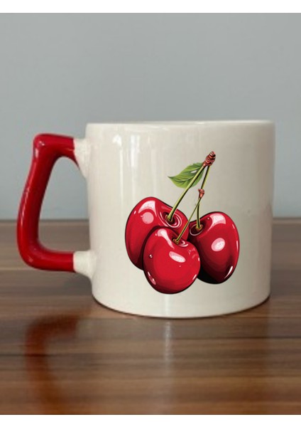 Kiraz Görselli Kırmızı Kulplu Kupa Bardak - Seramik Çay, Kahve Hediyelik Bardağı