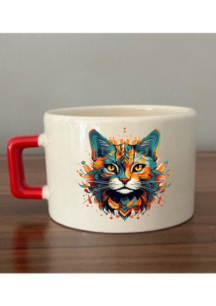 Kedi Baskılı Kırmızı Kulplu Fincan Seramik Kupa - Seramik Çay, Kahve Hediyelik Bardağı