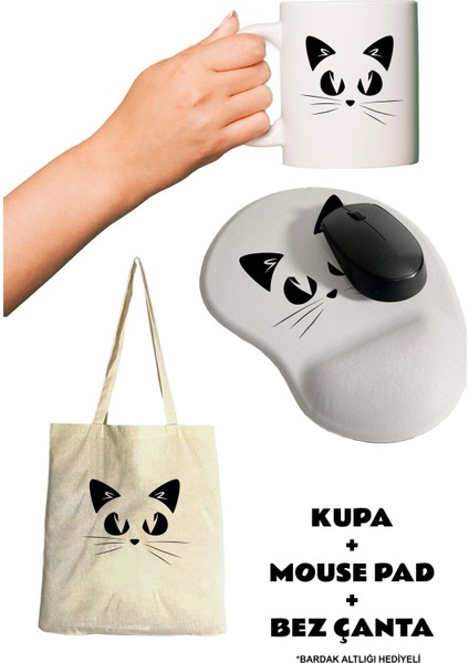 Kedi Figürü Baskılı Mouse Pad + Kupa Bardak Mug + Ham Bez Çanta