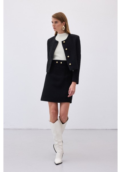 Düğme Detaylı Mini Tüvit Etek - Siyah