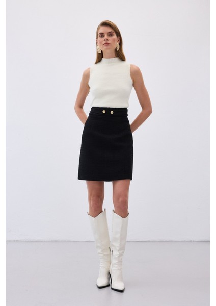 Düğme Detaylı Mini Tüvit Etek - Siyah modelleri