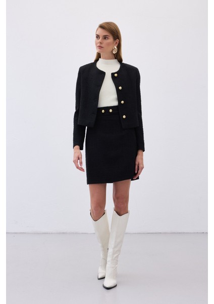 Düğme Detaylı Mini Tüvit Etek - Siyah