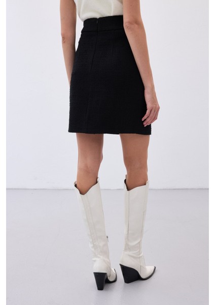 Düğme Detaylı Mini Tüvit Etek - Siyah