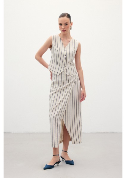 Çizgili Keten Etek - Lacivert