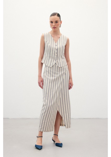 Çizgili Keten Etek - Lacivert fiyatları