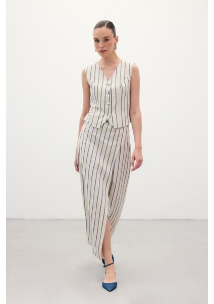 Çizgili Keten Etek - Lacivert modelleri