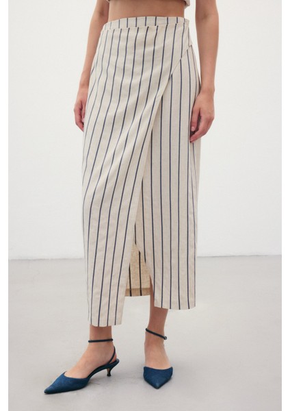 Çizgili Keten Etek - Lacivert fırsatları