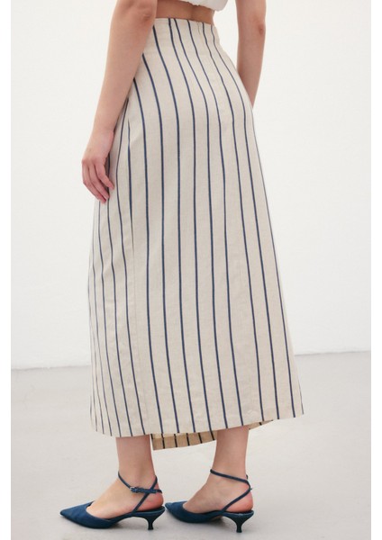 Çizgili Keten Etek - Lacivert indirimleri
