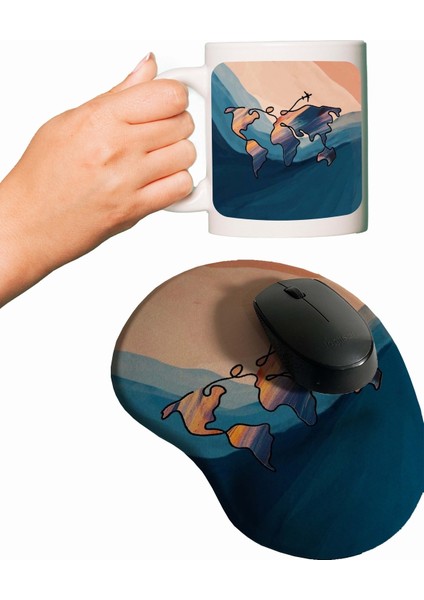 Dünya Haritası Baskılı Bilek Destekli Mouse Pad + Kupa Bardak Mug